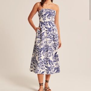 Strapless Linen Blend Midi Dress
